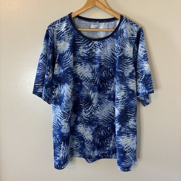 Lands End Womens Swim Top Blue Tropical Rash Guard Beach Cover Up Sz 2X - Picture 1 of 10